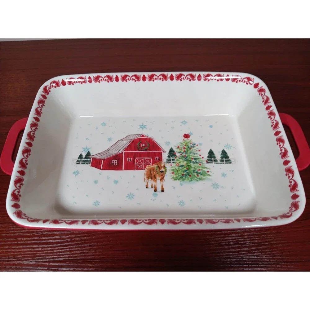 Pioneer Woman Holiday Barn 13x9 Baker Casserole Dish Red White Cow Christmas EUC